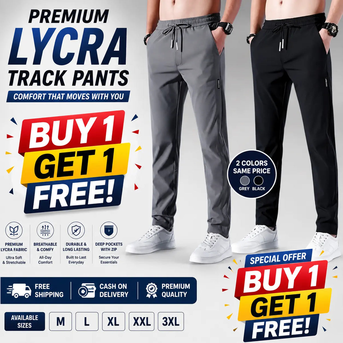 Premium Lycra Men's Track Pants | Black and Grey (Buy 1 Get 1 free)